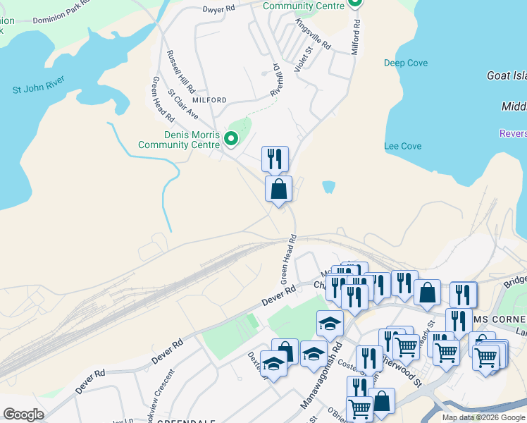 map of restaurants, bars, coffee shops, grocery stores, and more near 53 Gifford Road in Saint John