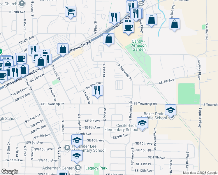 map of restaurants, bars, coffee shops, grocery stores, and more near 450 South Pine Street in Canby
