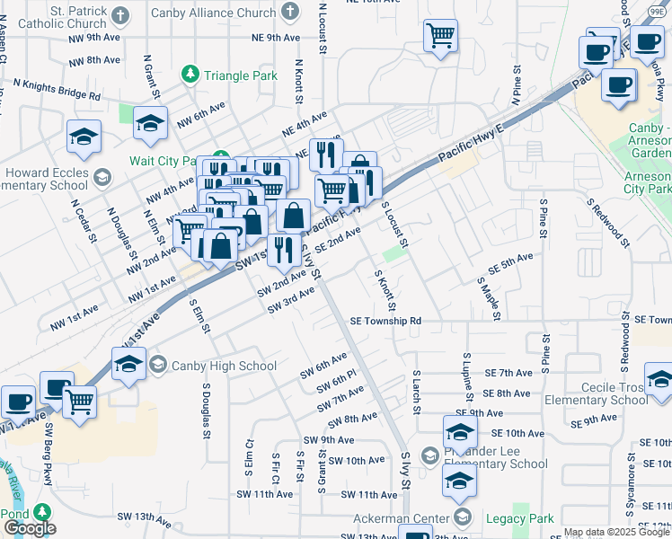 map of restaurants, bars, coffee shops, grocery stores, and more near 242 South Ivy Street in Canby