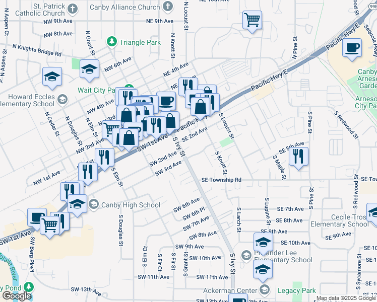 map of restaurants, bars, coffee shops, grocery stores, and more near 242 South Ivy Street in Canby