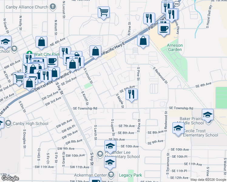 map of restaurants, bars, coffee shops, grocery stores, and more near 620 Southeast 2nd Avenue in Canby