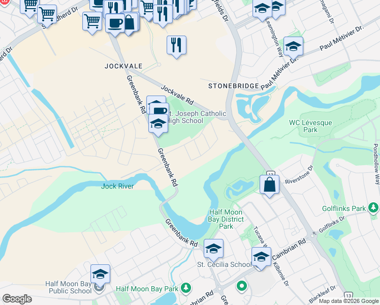 map of restaurants, bars, coffee shops, grocery stores, and more near 217 Geyser Place in Ottawa