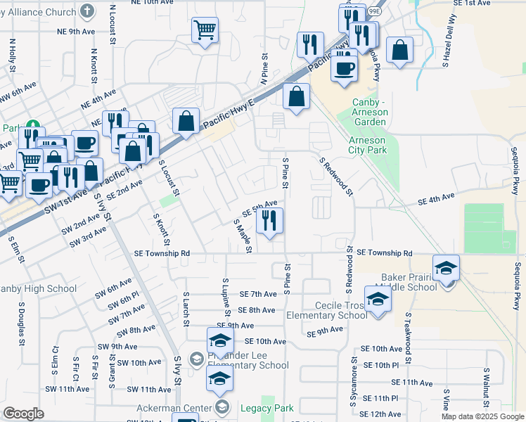 map of restaurants, bars, coffee shops, grocery stores, and more near 700 Southeast 5th Avenue in Canby