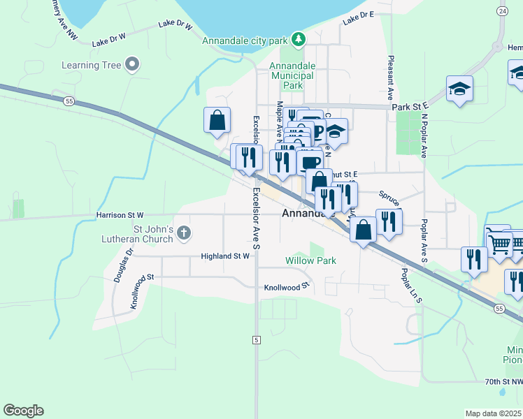 map of restaurants, bars, coffee shops, grocery stores, and more near 151 Harrison Street West in Annandale