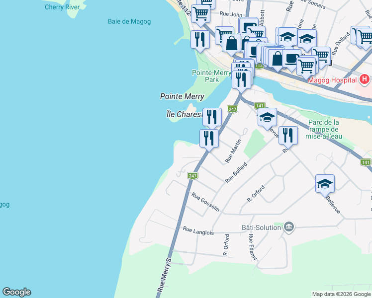 map of restaurants, bars, coffee shops, grocery stores, and more near 261 Rue Merry Sud in Magog