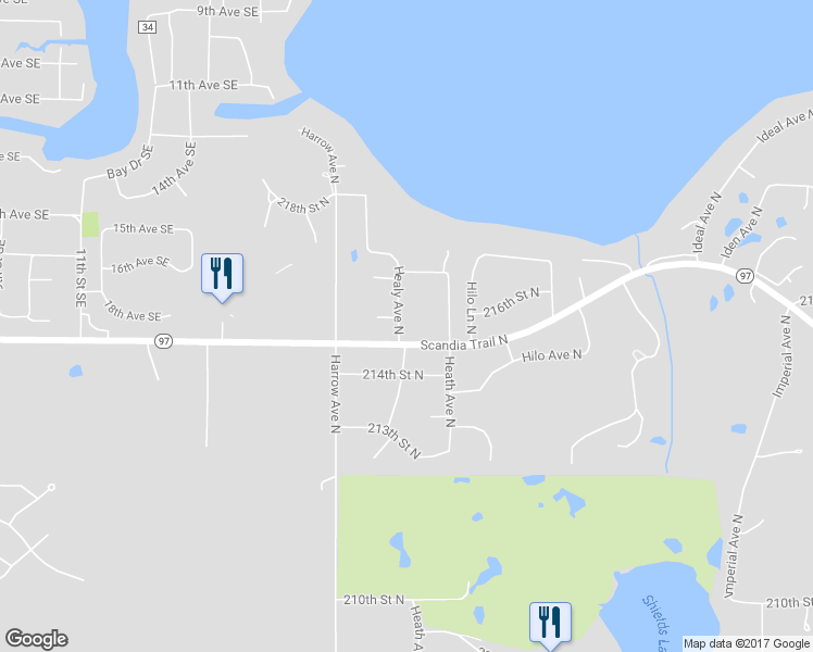 map of restaurants, bars, coffee shops, grocery stores, and more near 21533 Healy Avenue North in Forest Lake
