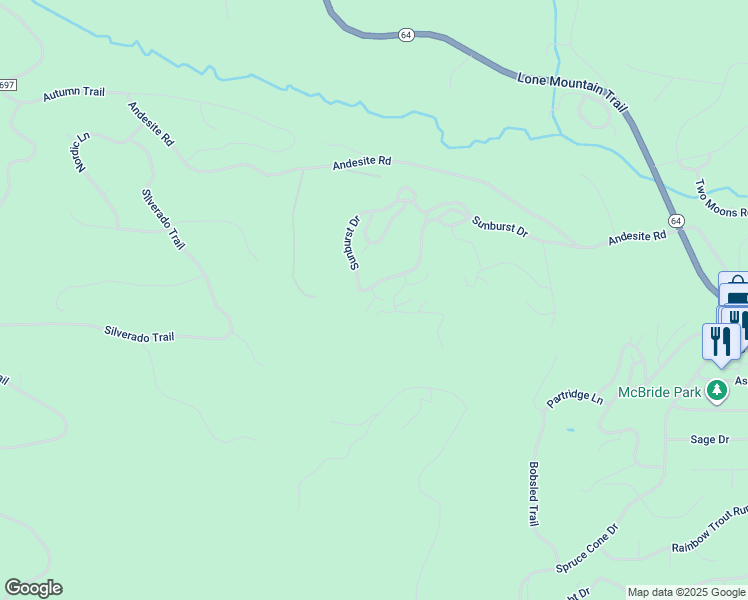 map of restaurants, bars, coffee shops, grocery stores, and more near 25 Woodbine Place in Big Sky