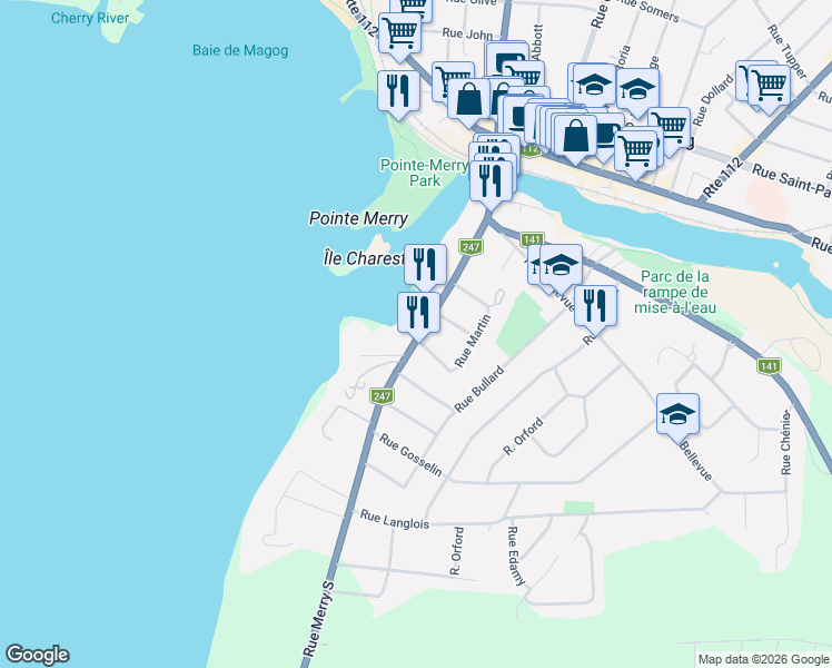 map of restaurants, bars, coffee shops, grocery stores, and more near 251 Rue Merry Sud in Magog