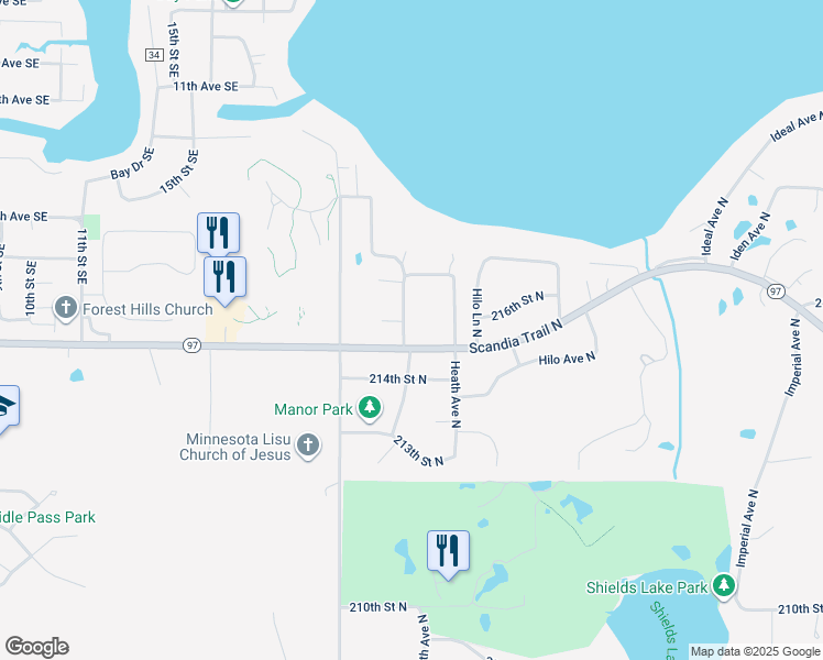 map of restaurants, bars, coffee shops, grocery stores, and more near 21533 Healy Avenue North in Forest Lake