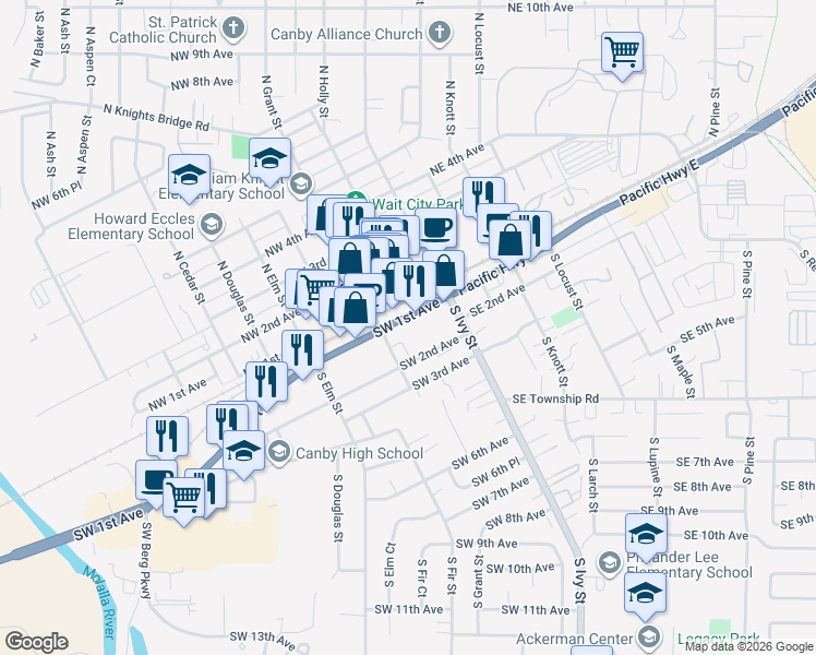 map of restaurants, bars, coffee shops, grocery stores, and more near 160 South Grant Street in Canby
