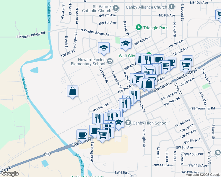 map of restaurants, bars, coffee shops, grocery stores, and more near 298 North Cedar Street in Canby