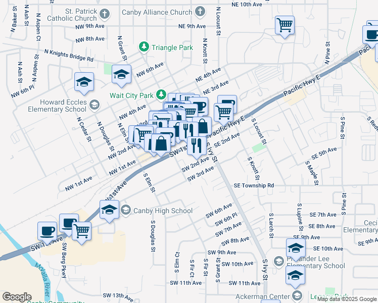 map of restaurants, bars, coffee shops, grocery stores, and more near 207 Southwest 1st Avenue in Canby