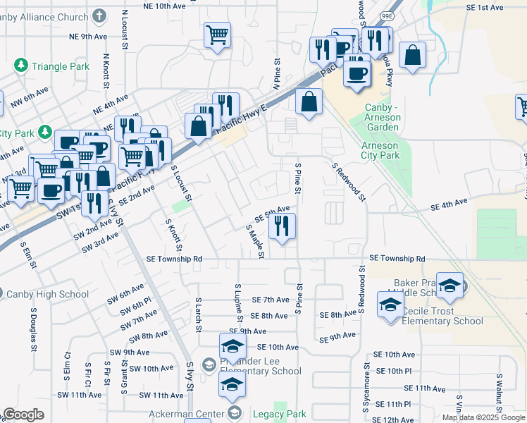 map of restaurants, bars, coffee shops, grocery stores, and more near 676 Southeast 5th Avenue in Canby