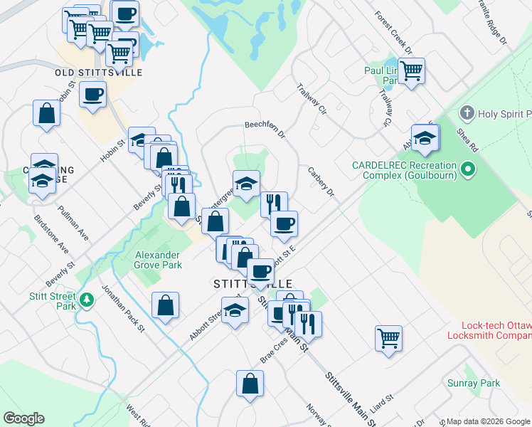 map of restaurants, bars, coffee shops, grocery stores, and more near 111 Beechfern Drive in Ottawa