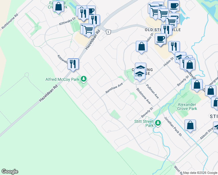 map of restaurants, bars, coffee shops, grocery stores, and more near 36 Delamere Drive in Ottawa