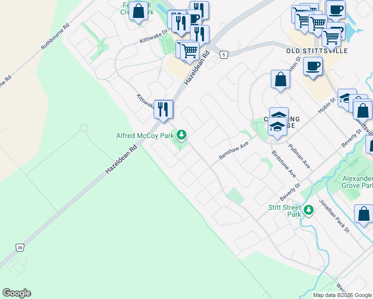 map of restaurants, bars, coffee shops, grocery stores, and more near 8 Whalings Circle in Ottawa
