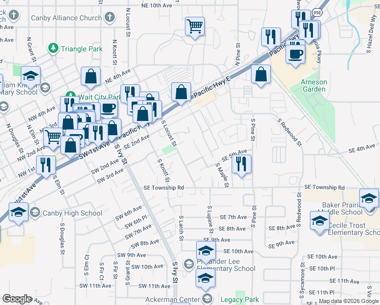 map of restaurants, bars, coffee shops, grocery stores, and more near 475 Southeast 4th Avenue in Canby