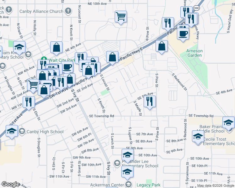 map of restaurants, bars, coffee shops, grocery stores, and more near 475 Southeast 4th Avenue in Canby