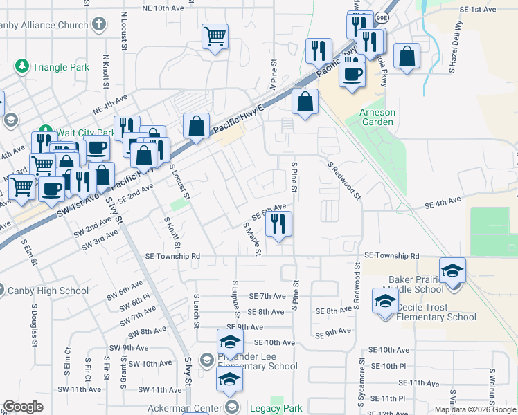 map of restaurants, bars, coffee shops, grocery stores, and more near 676 Southeast 5th Avenue in Canby