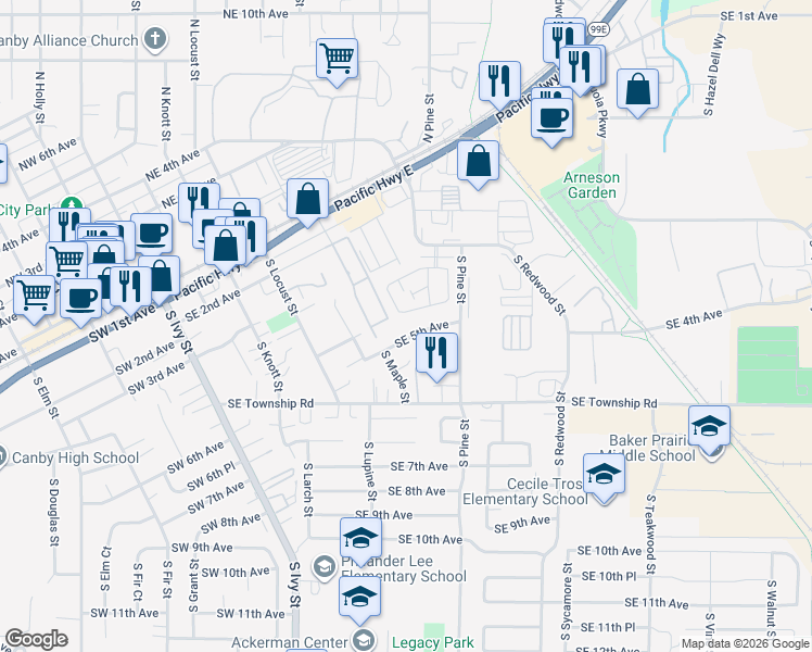 map of restaurants, bars, coffee shops, grocery stores, and more near 674 Southeast 5th Avenue in Canby