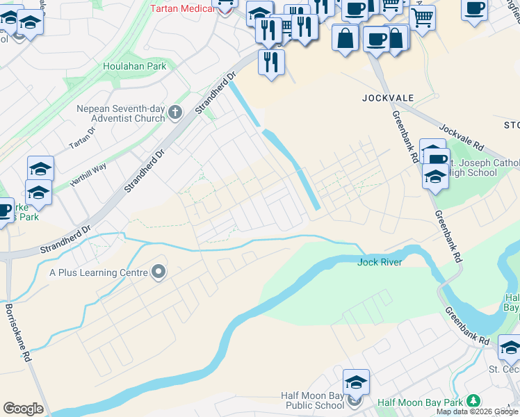 map of restaurants, bars, coffee shops, grocery stores, and more near 59 Moonbeam Street in Ottawa