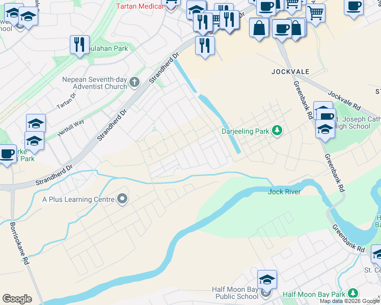 map of restaurants, bars, coffee shops, grocery stores, and more near 54 Moonbeam Street in Ottawa