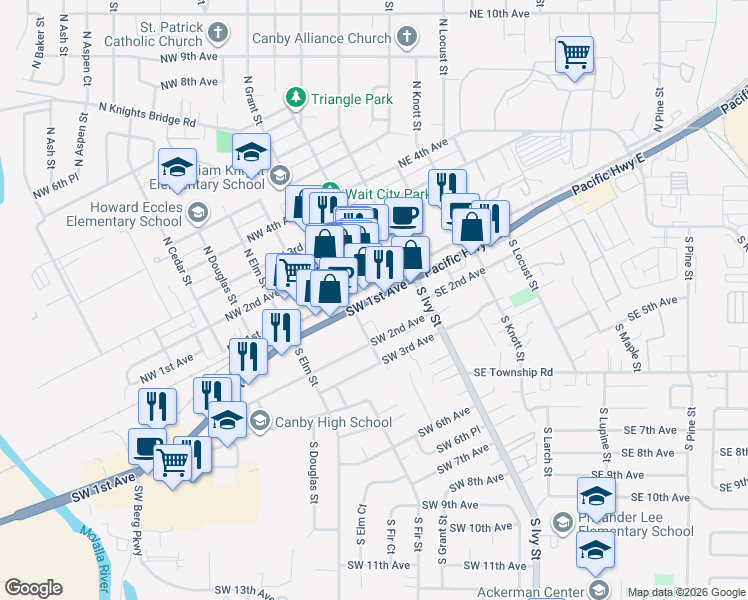 map of restaurants, bars, coffee shops, grocery stores, and more near 253 Southwest 1st Avenue in Canby