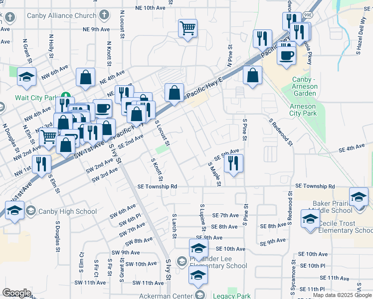 map of restaurants, bars, coffee shops, grocery stores, and more near 475 Southeast 4th Avenue in Canby