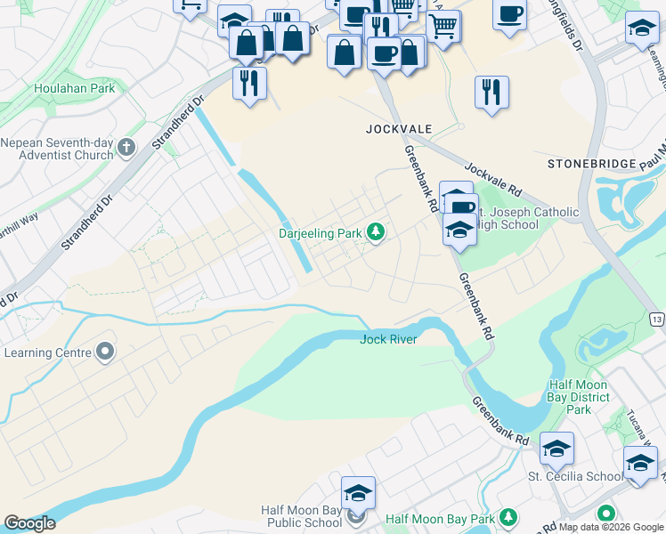 map of restaurants, bars, coffee shops, grocery stores, and more near 215 Darjeeling Avenue in Ottawa