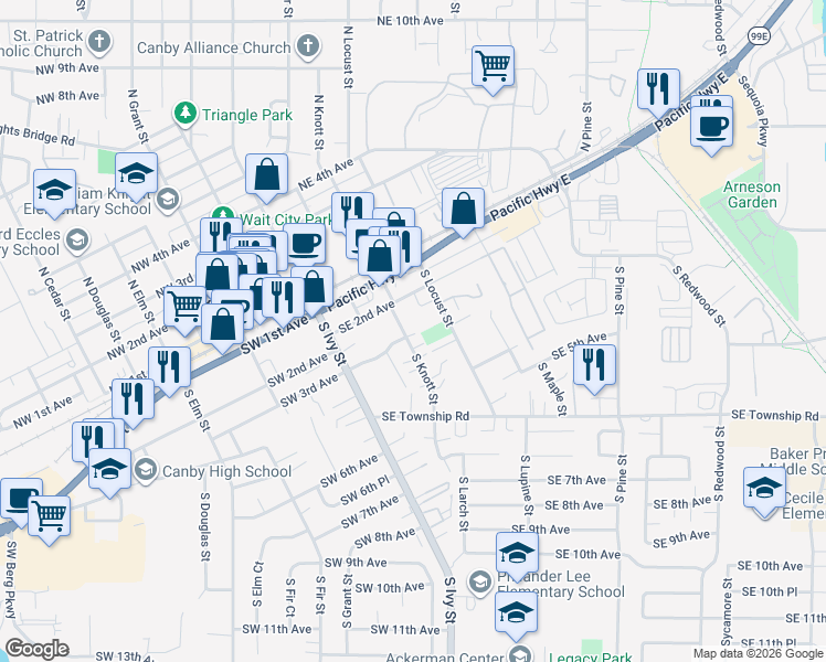 map of restaurants, bars, coffee shops, grocery stores, and more near 282 South Knott Street in Canby