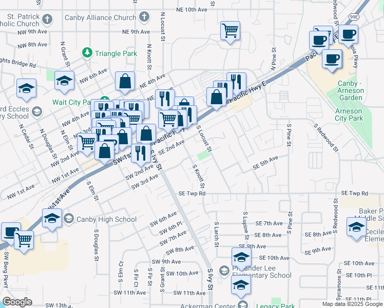 map of restaurants, bars, coffee shops, grocery stores, and more near 272 South Knott Street in Canby