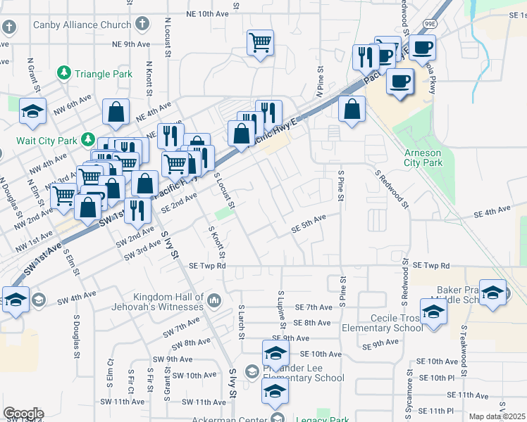 map of restaurants, bars, coffee shops, grocery stores, and more near 316 South Manzanita Court in Canby