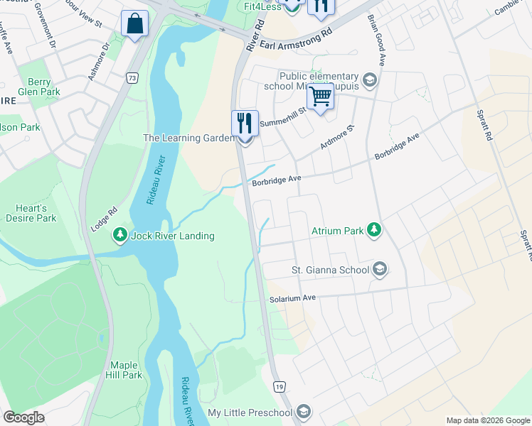 map of restaurants, bars, coffee shops, grocery stores, and more near in Manotick
