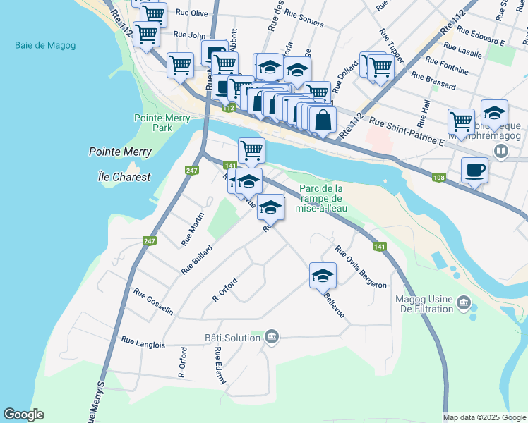 map of restaurants, bars, coffee shops, grocery stores, and more near 75 Rue Bellevue in Magog