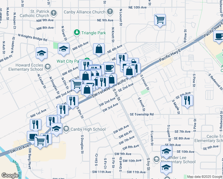 map of restaurants, bars, coffee shops, grocery stores, and more near in Canby