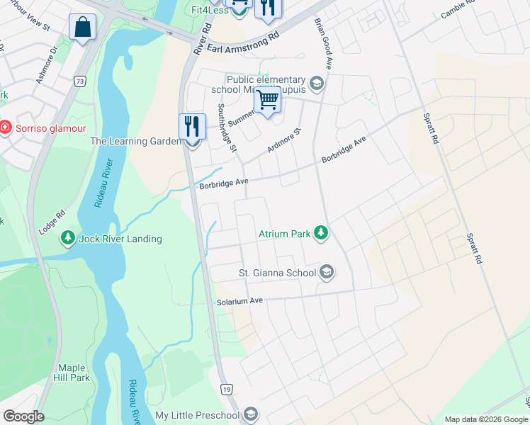 map of restaurants, bars, coffee shops, grocery stores, and more near 374 Big Dipper Street in Ottawa