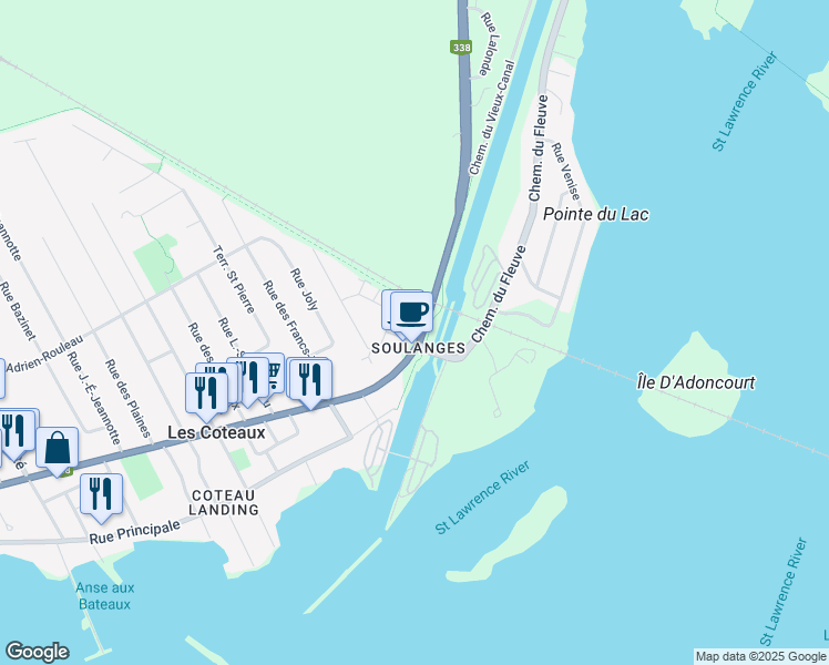 map of restaurants, bars, coffee shops, grocery stores, and more near 9 Québec 338 in Les Coteaux