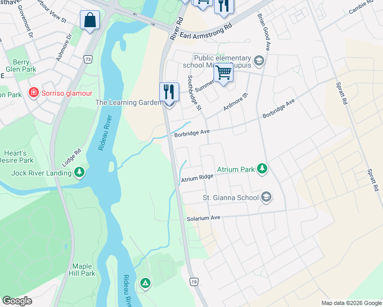map of restaurants, bars, coffee shops, grocery stores, and more near in Manotick