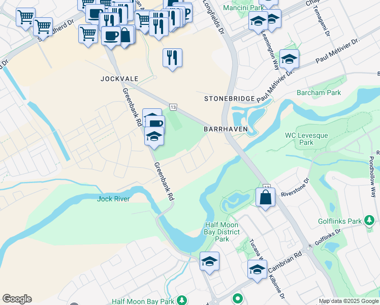 map of restaurants, bars, coffee shops, grocery stores, and more near Bending Way in Ottawa