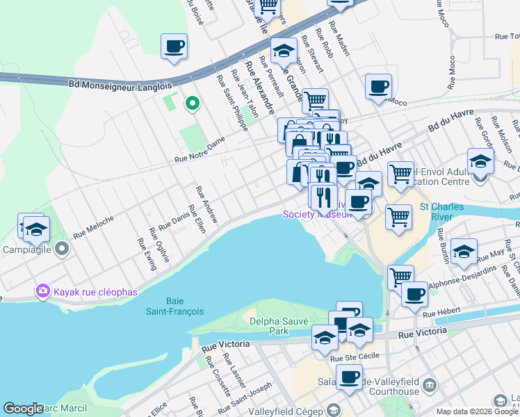 map of restaurants, bars, coffee shops, grocery stores, and more near 285 Boulevard du Havre in Salaberry-de-Valleyfield