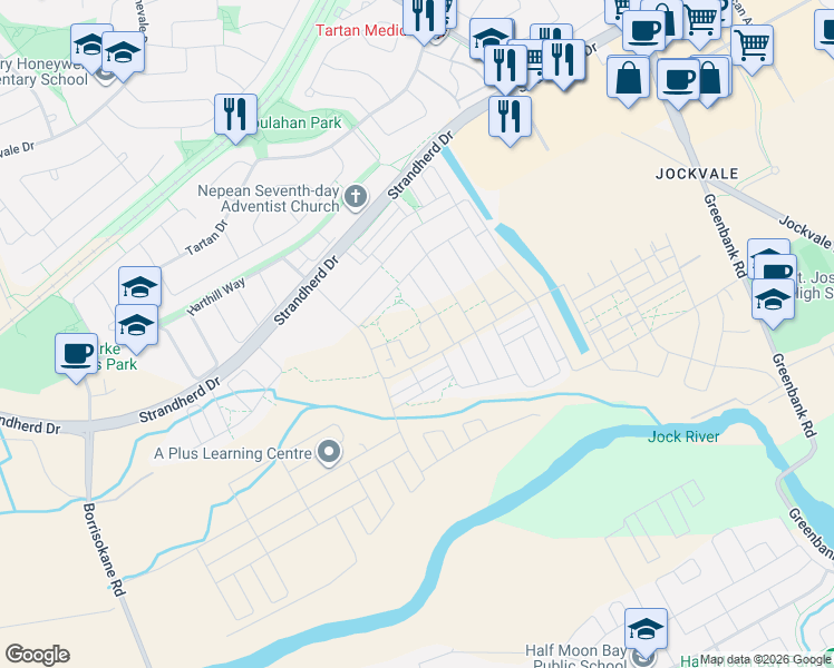 map of restaurants, bars, coffee shops, grocery stores, and more near 183 Chakra Street in Ottawa