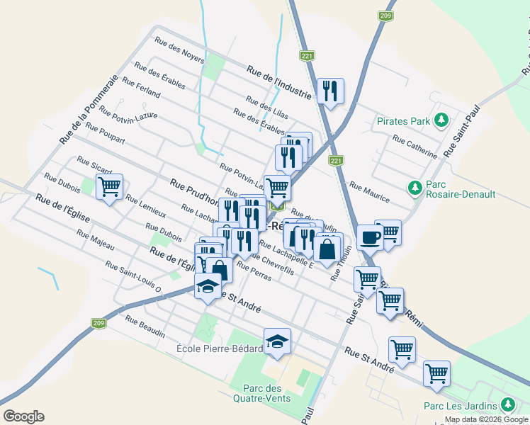 map of restaurants, bars, coffee shops, grocery stores, and more near 737 Rue Notre-Dame in Saint-Rémi