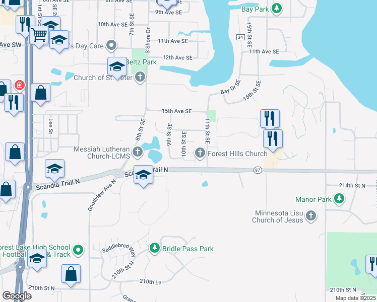 map of restaurants, bars, coffee shops, grocery stores, and more near 1010 17th Avenue Southeast in Forest Lake