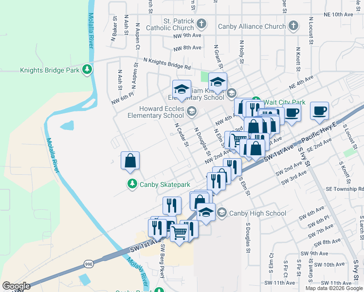 map of restaurants, bars, coffee shops, grocery stores, and more near 721 Northwest 5th Circle in Canby
