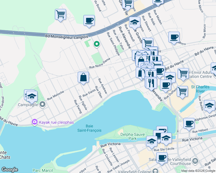 map of restaurants, bars, coffee shops, grocery stores, and more near 23 Rue Narcisse in Salaberry-de-Valleyfield