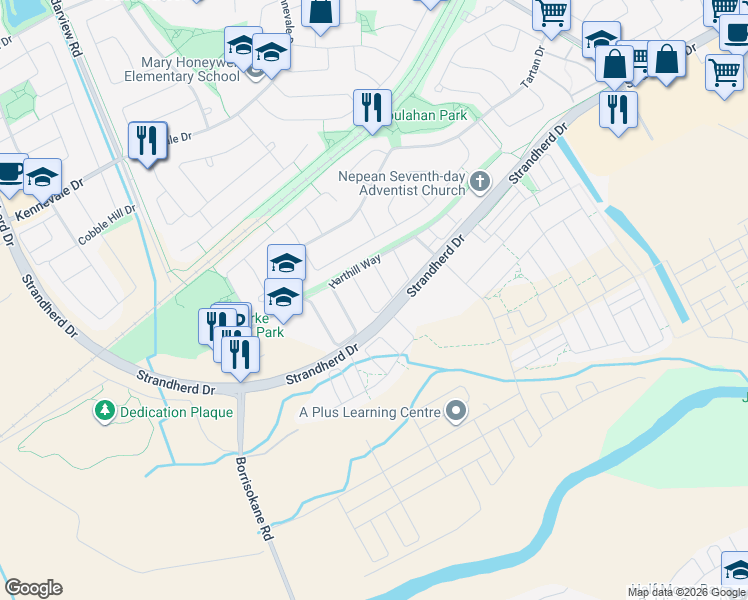 map of restaurants, bars, coffee shops, grocery stores, and more near 275 Broxburn Crescent in Ottawa
