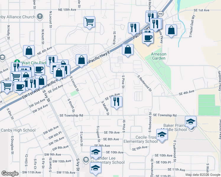 map of restaurants, bars, coffee shops, grocery stores, and more near 1111 Southeast 3rd Avenue in Canby