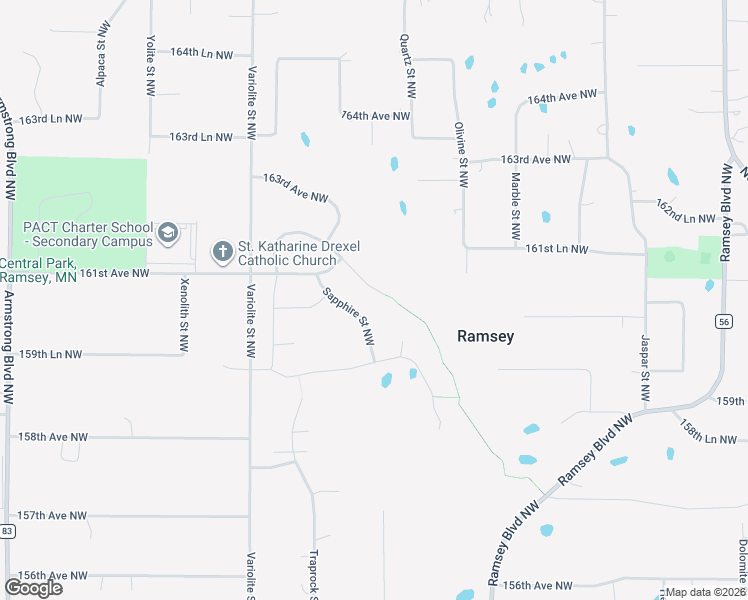 map of restaurants, bars, coffee shops, grocery stores, and more near 16062 Rhinestone Street Northwest in Ramsey