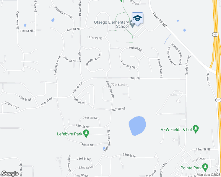 map of restaurants, bars, coffee shops, grocery stores, and more near 15499 77th Street Northeast in Otsego