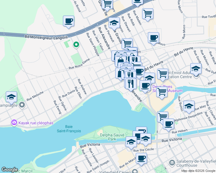 map of restaurants, bars, coffee shops, grocery stores, and more near 299 Boulevard du Havre in Salaberry-de-Valleyfield
